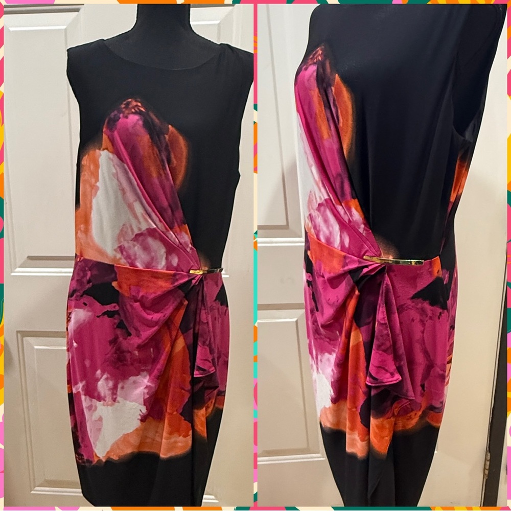 Calvin Klein Black Sleeveless Dress with Pink and Orange Accents-size L